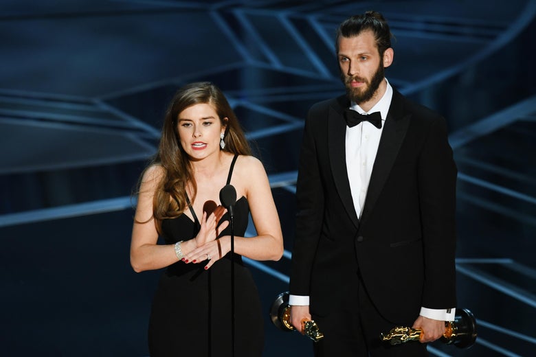 Filmmakers Rachel Shenton (L) and Chris Overton accept Best Live Action Short Film for 'The Silent Child' onstage during the 90th Annual Academy Awards at the Dolby Theatre at Hollywood & Highland Center on March 4, 2018 in Hollywood, California. (Photo by Kevin Winter/Getty Images)